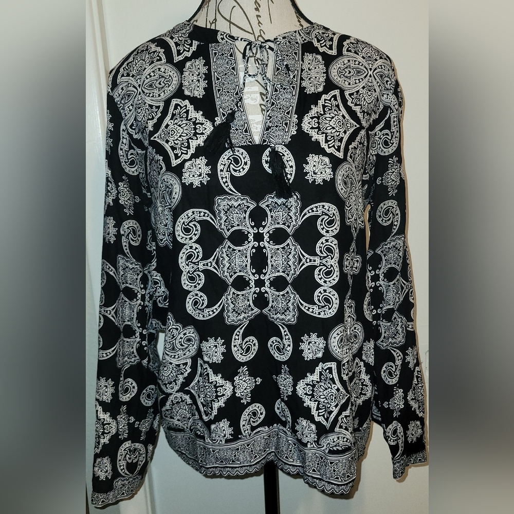 Lucky Brand Black & White Boho‎ Peasant Top Sz Med